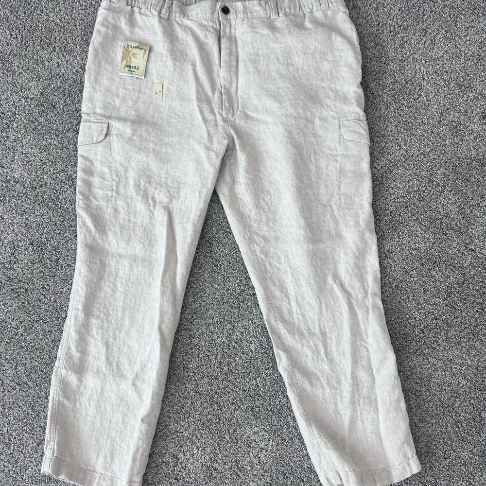 NWT! Caribbean 100% Linen Oatmeal Elastic Drawstring Waist Cargo Pants Mens46*32